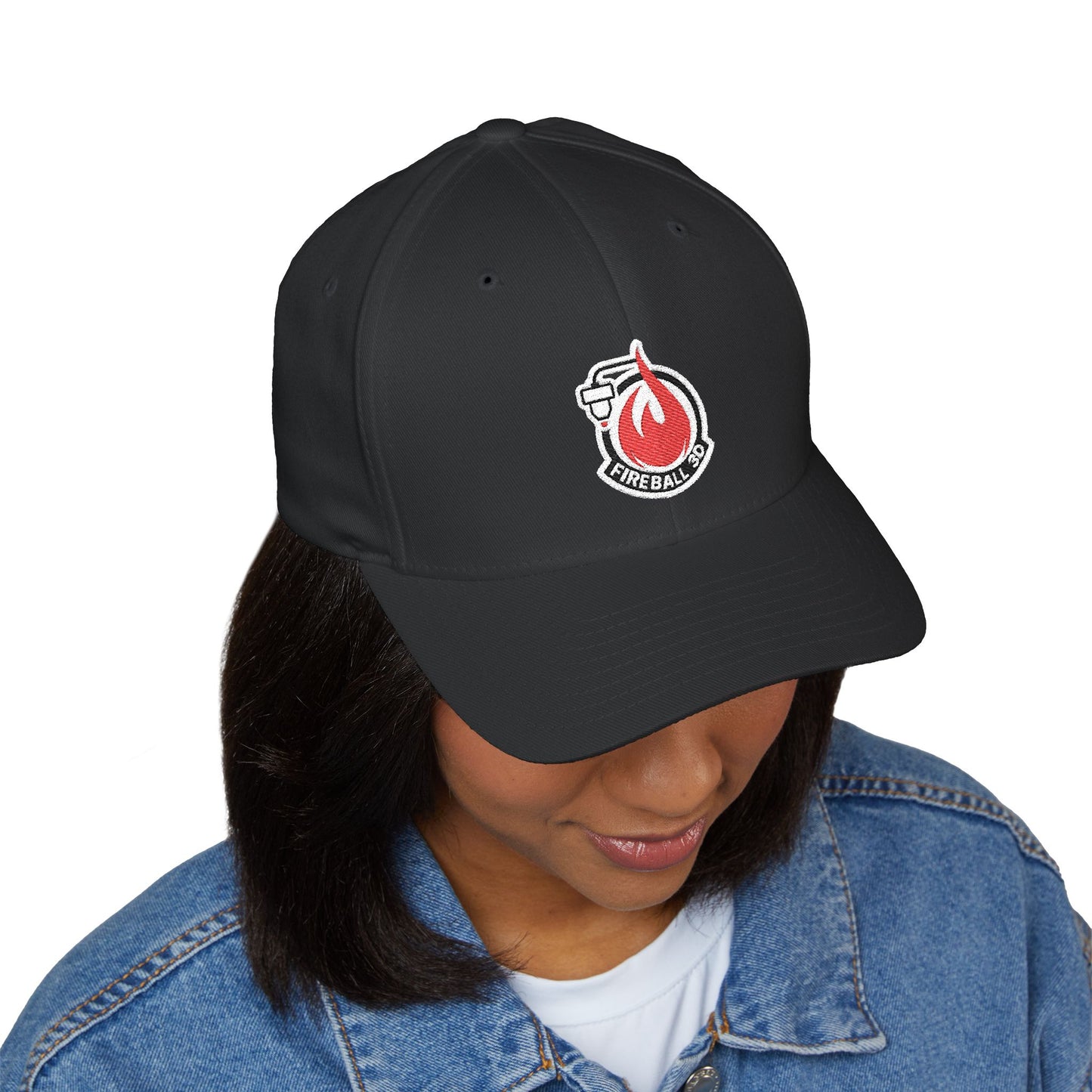 Fireball 3D - Brand Logo - Flame & Text - Red & White - Dark Colors - FlexFit Cap