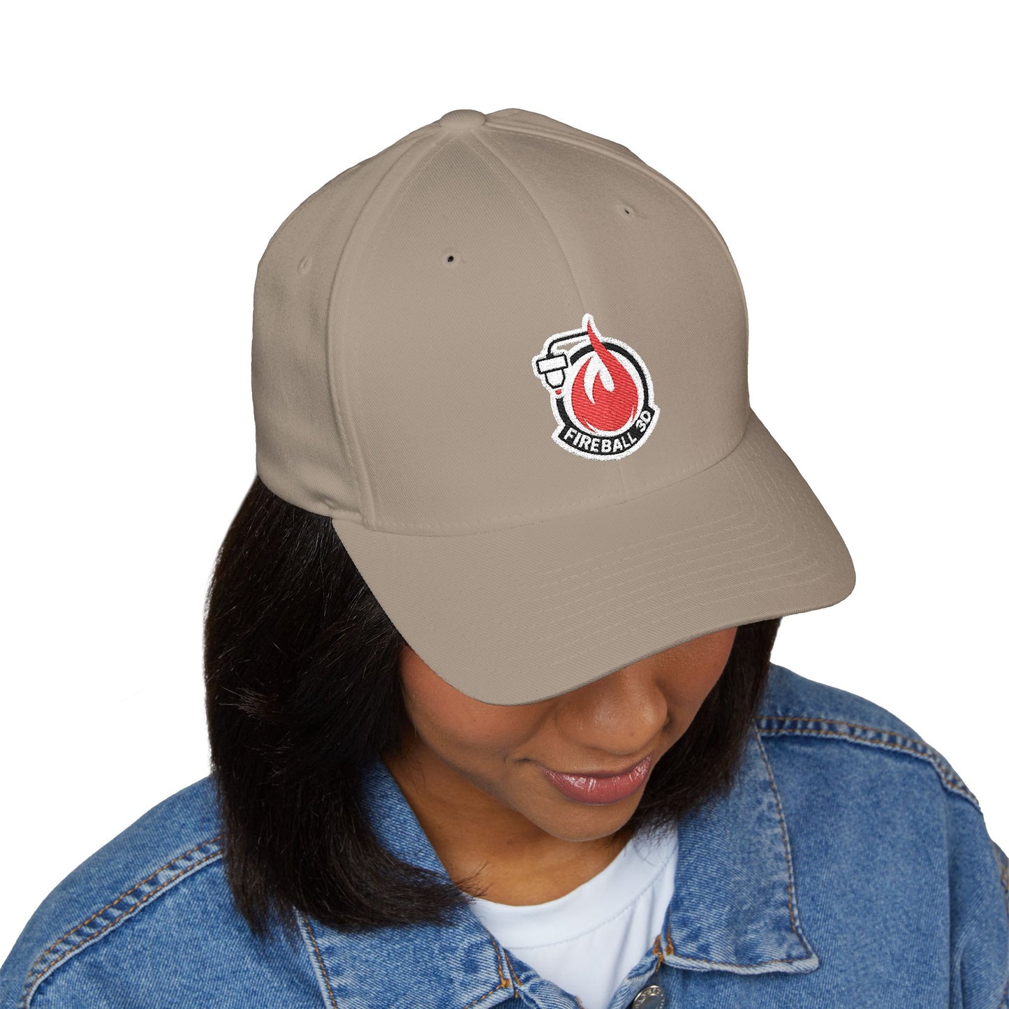 Fireball 3D - Brand Logo - Flame & Text - Red & White - Light Colors - FlexFit Cap