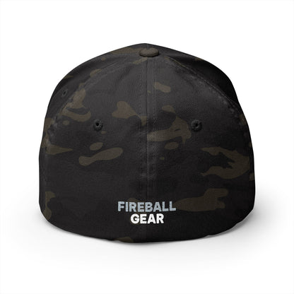 Fireball Gear - Brand Logo - Flame & Gear - Gray & White - FlexFit Cap