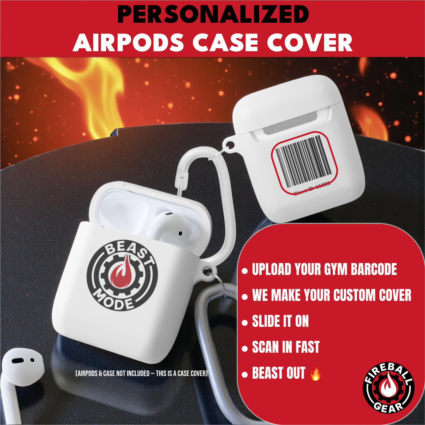 Beast Mode AirPods Case Cover – Black & Red Flame Gear – Personalized with Your Gym Barcode