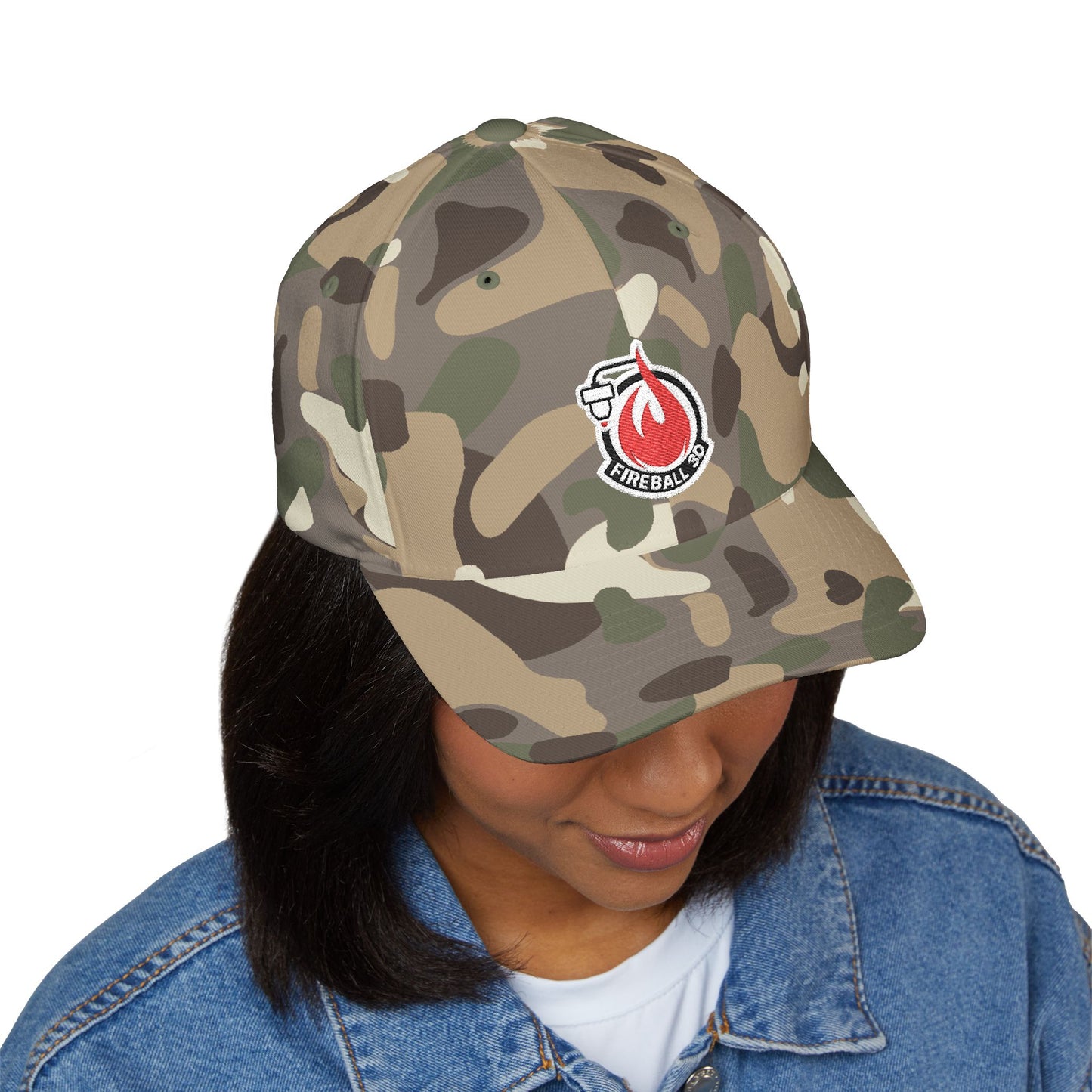 Fireball 3D - Brand Logo - Flame & Text - Red & White - Light Colors - FlexFit Cap